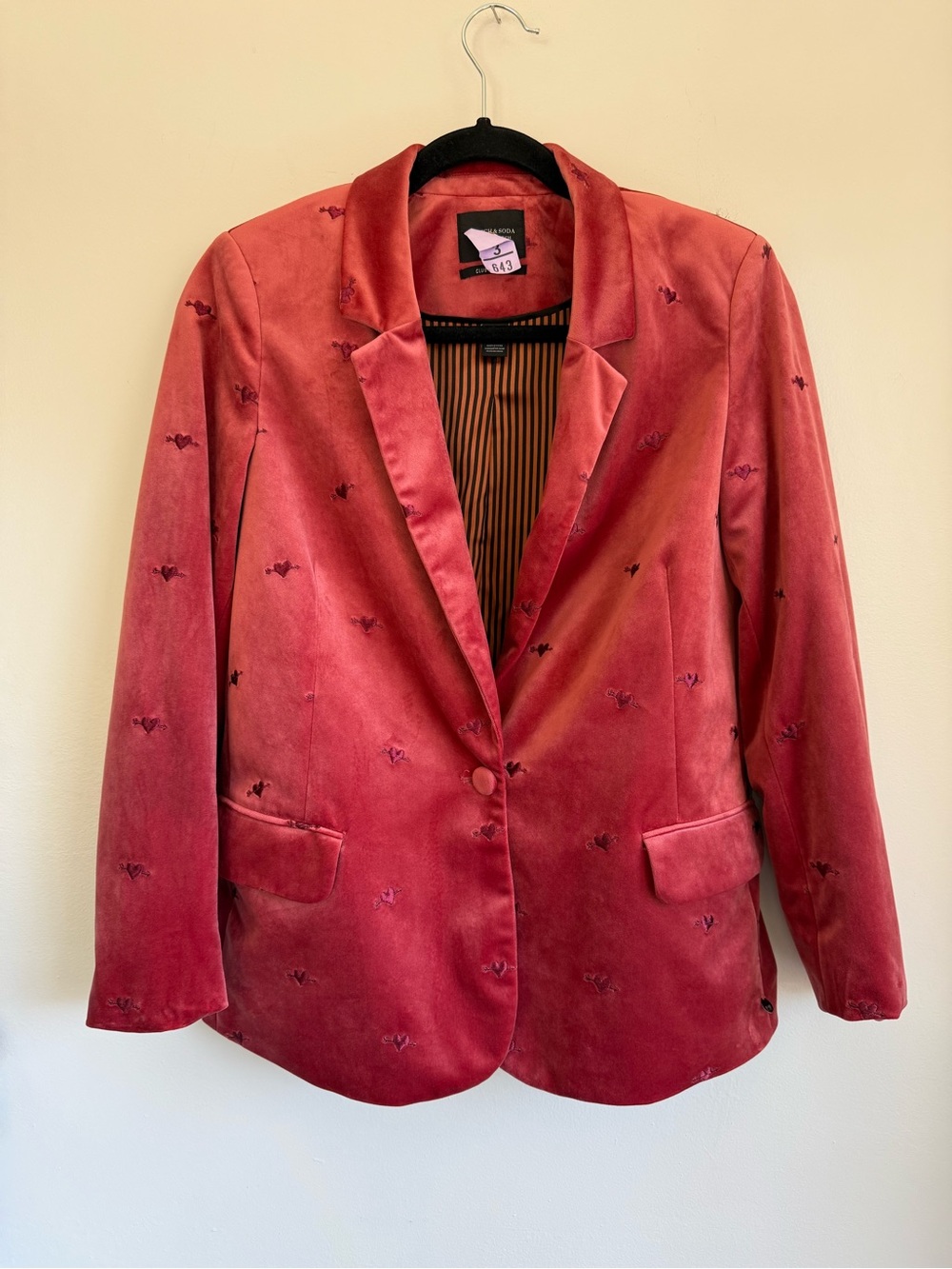 Scotch & Soda Tailored Pink Velvet Embroidered Heart Blazer Small